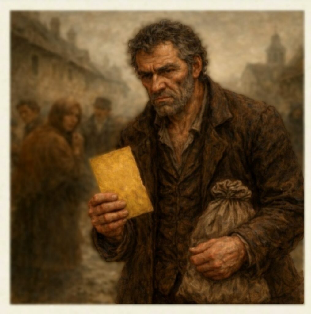 Jean Valjean, ex forzato osserva il passaporto giallo in una strada francese dell'Ottocento simbolo della sua condizione e dell'esclusione sociale