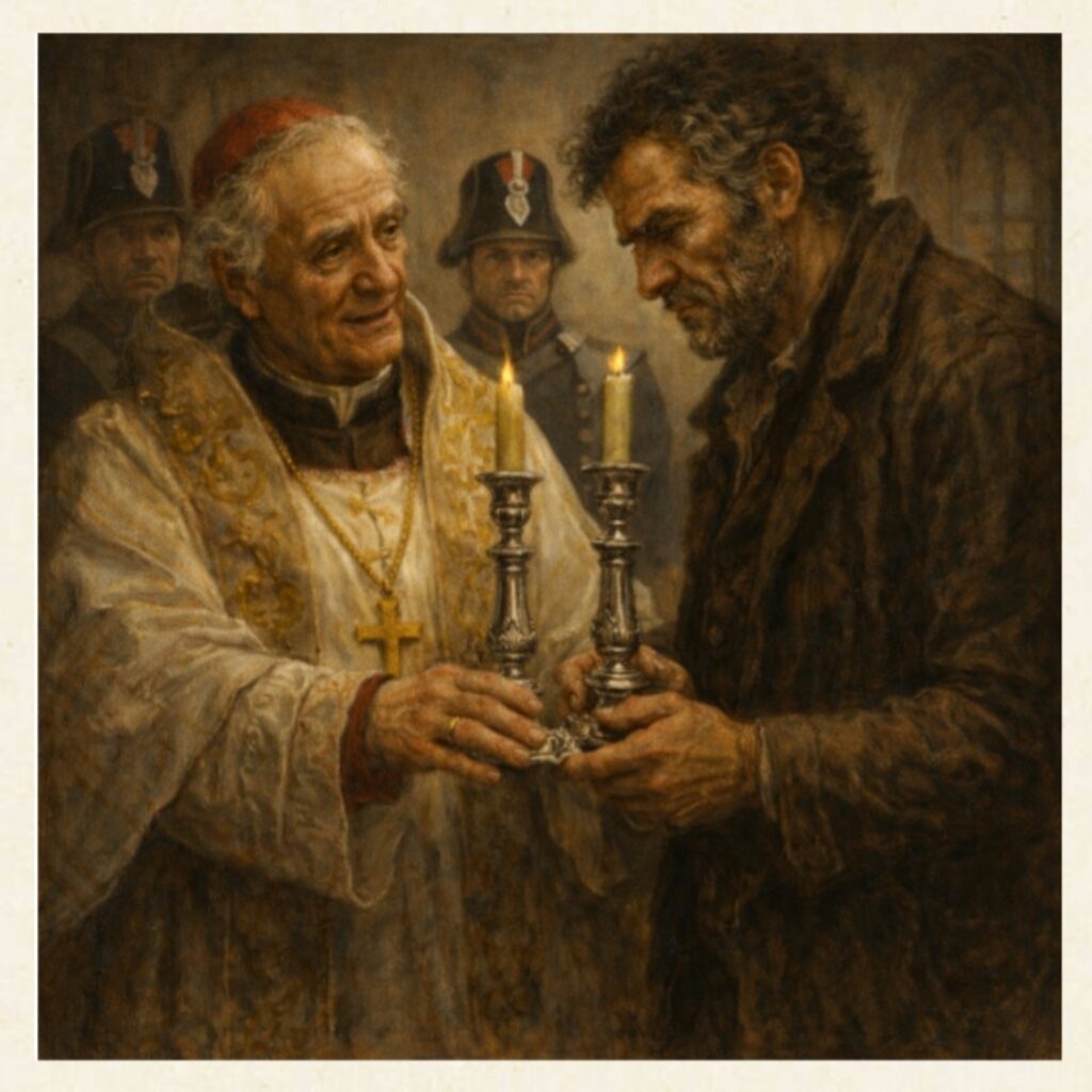 Il vescovo di Digne consegna i candelieri d'argento a Jean Valjean davanti a due gendarmi in una scena chiave de I miserabili