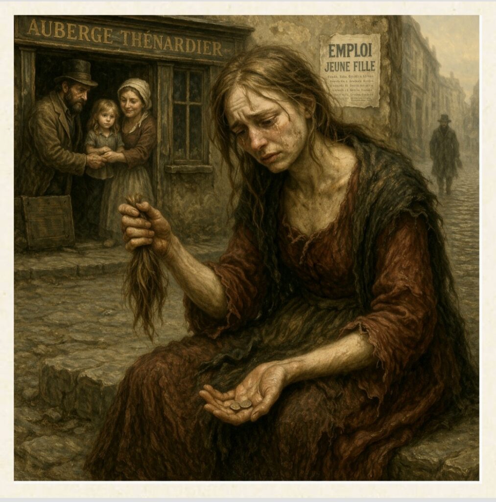 Fantine tagli capelli e vendi i denti per mandare denaro alla figlia Cosette affidata ai Thenardier