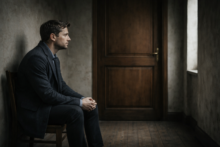 Uomo seduto davanti a una porta chiusa, attesa, kafka