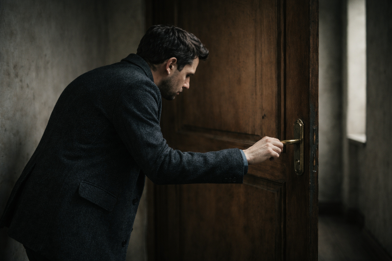 Uomo con mano sulla maniglia della porta, scelta,, kafka