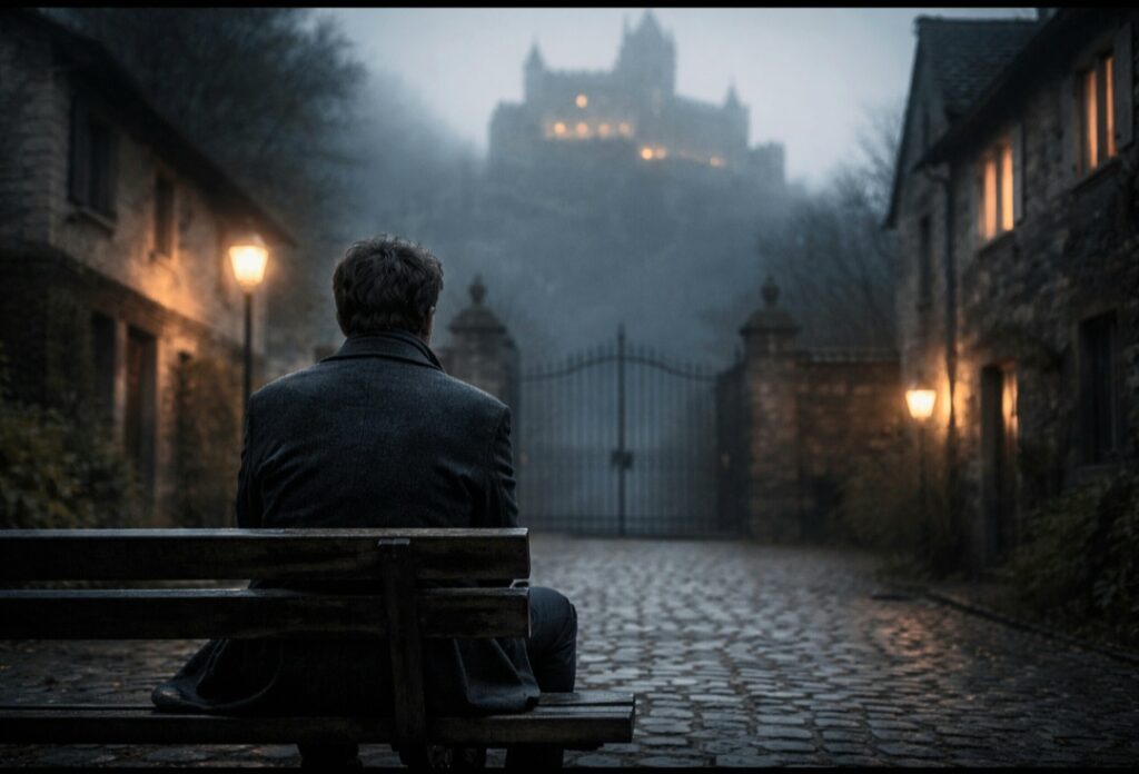 Uomo seduto su una panchina davanti a un cancello chiuso che guarda un castello lontano nella nebbia