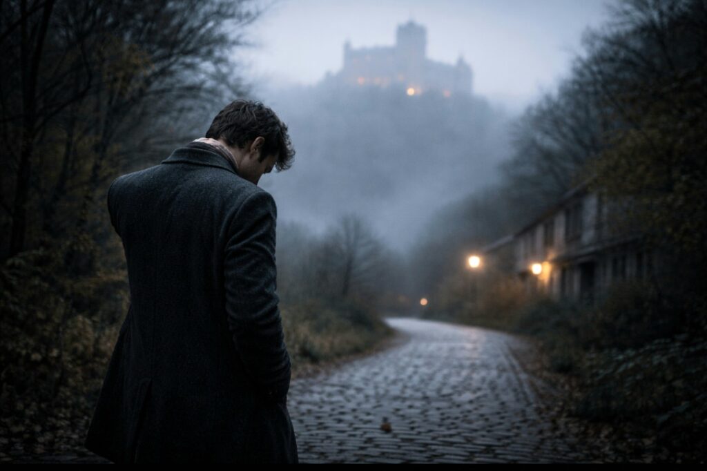 Uomo fermo su una strada di campagna con la testa abbassata mentre un castello lontano appare nella nebbia