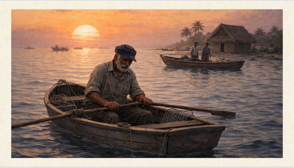 Santiago, vecchio pescatore sulla barca, non cambia le sue abitudini e continua ad uscire sulla barca con la stessa costanza e precisione. Argomento dell'articolo: Il Vecchio e il Mare - riassunto scene 1-6.