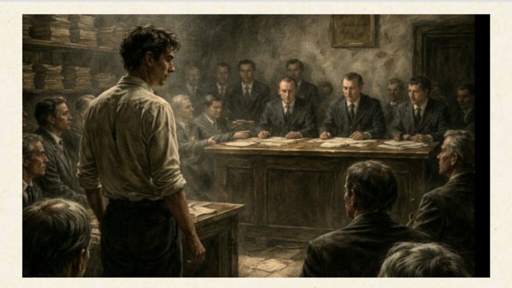 Josef K. mentre prende la parola davanti ai funzionari durante la prima udienza in un ambiente affollato e disordinato. Argomento dell'articolo: Il Processo - riassunto scene 1-5. Inizia il processo a Josef K.