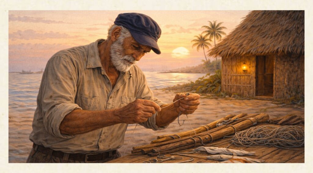 Santiago prepara con attenzione lenze e ami prima di uscire in mare a pescare Argomento dell'articolo: Il Vecchio e il Mare - riassunto scene 1-6.