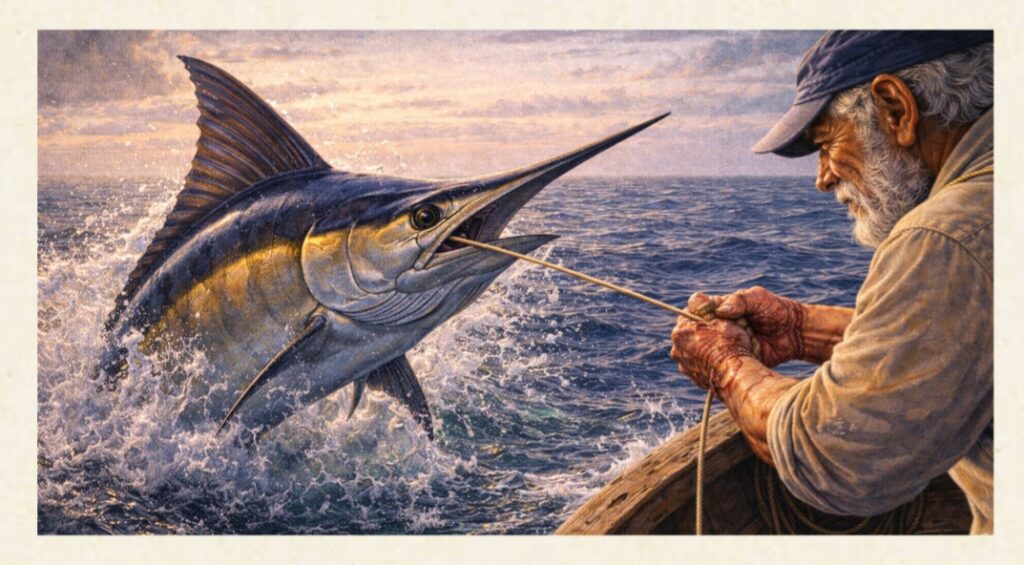 Il marlin emerge dall’acqua mostrando la sua grandezza mentre Santiago lo tiene agganciato con la lenza