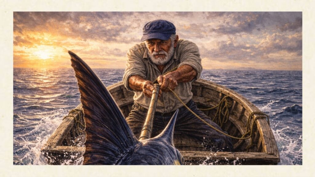 Marlin mentre lotta vicino alla barca con Santiago che impugna l'arpione
