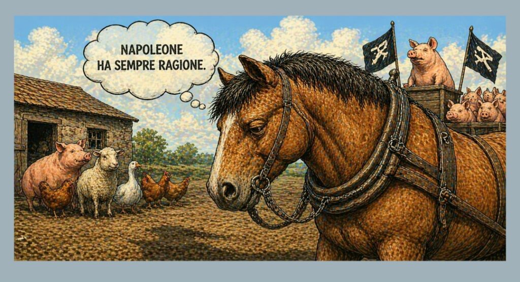 Boxer pensa che Napoleone ha sempre ragione mentre osserva gli altri animali nella fattoria