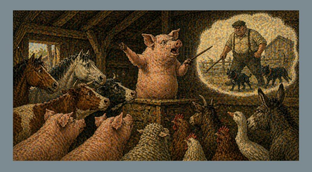 Clarinetto parla agli animali e richiama la figura di Jones nella fattoria degli animali