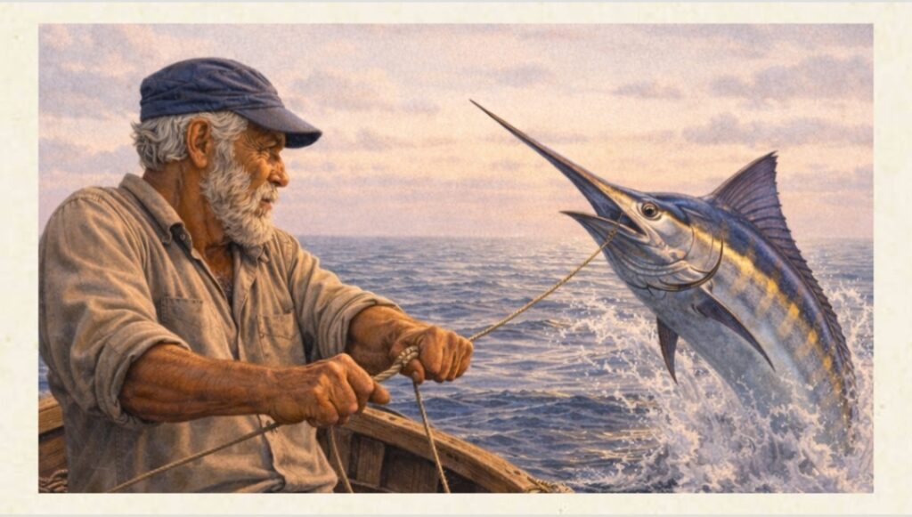 Santiago pescatore cubano anziano in barca lotta con un grande marlin nel mare aperto