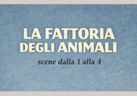 La fattoria degli animali- riassunto scene 1-4, su sfondo azzurro