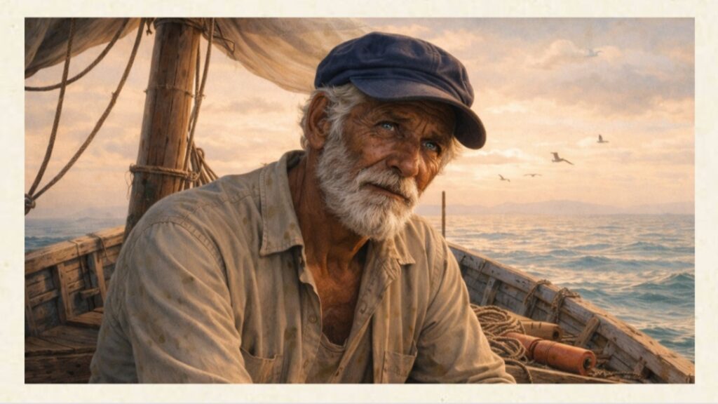 Santiago vecchio pescatore cubano con occhi vivi su barca al tramonto