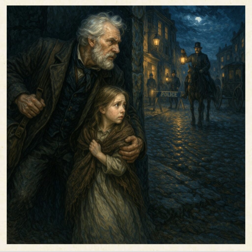 Jean Valjean e Cosette evitano i posti di blocco della polizia muovendosi di notte e cambiando percorso