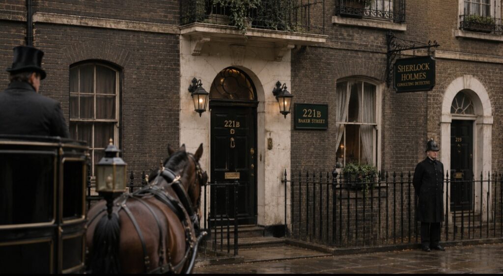 Veduta esterna del 221B di Baker Street nella Londra vittoriana ai tempi di Sherlock Holmes con carrozza e strada dell’Ottocento.