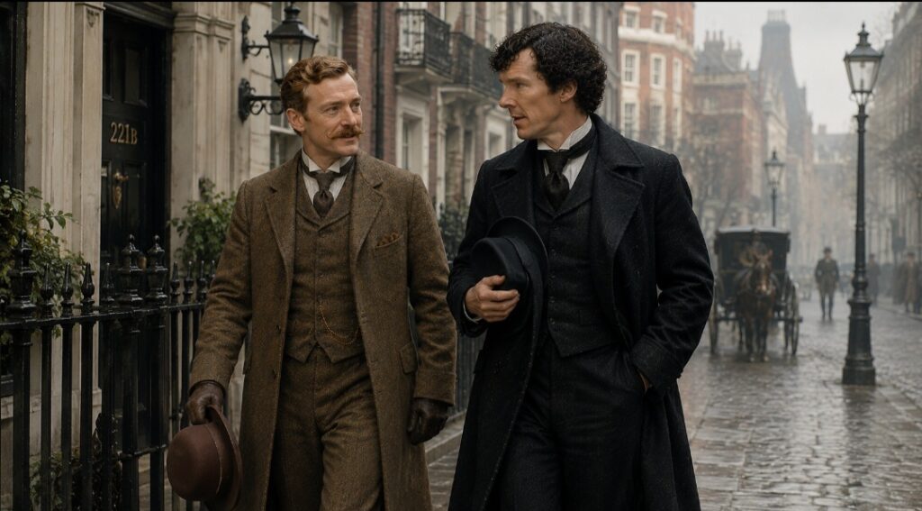 Uno studio in rosso: temi principali Sherlock Holmes e John Watson camminano insieme nella Londra vittoriana vicino al 221B di Baker Street mostrando il loro rapporto di amicizia e collaborazione.