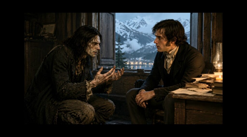 La Creatura chiede a Victor Frankenstein di creare una compagna durante il dialogo sulle montagne nel romanzo di Mary Shelley.