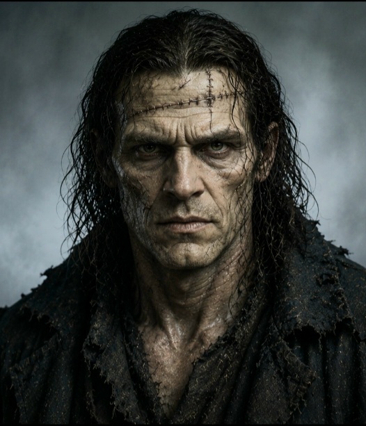 La Creatura di Frankenstein in un ritratto realistico ispirato al romanzo di Mary Shelley.