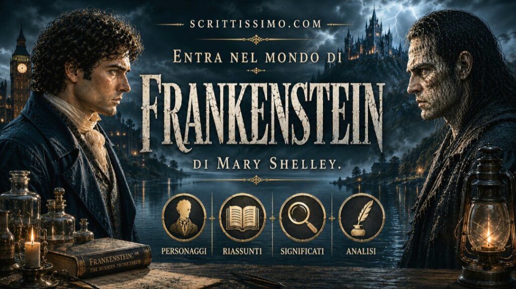 Victor Frankenstein e la Creatura in un paesaggio gotico ispirato al romanzo Frankenstein di Mary Shelley.