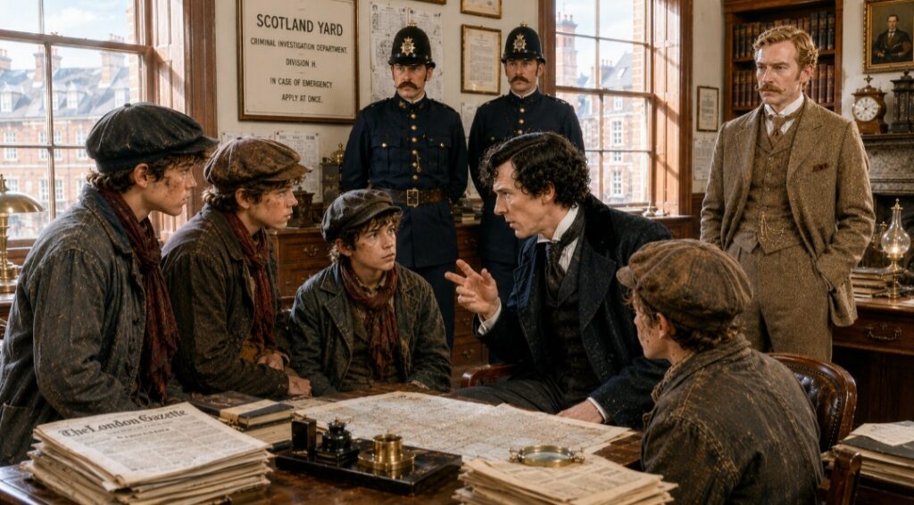 Sherlock Holmes parla con i monelli durante le indagini di Uno studio in rosso davanti ai detective di Scotland Yard.