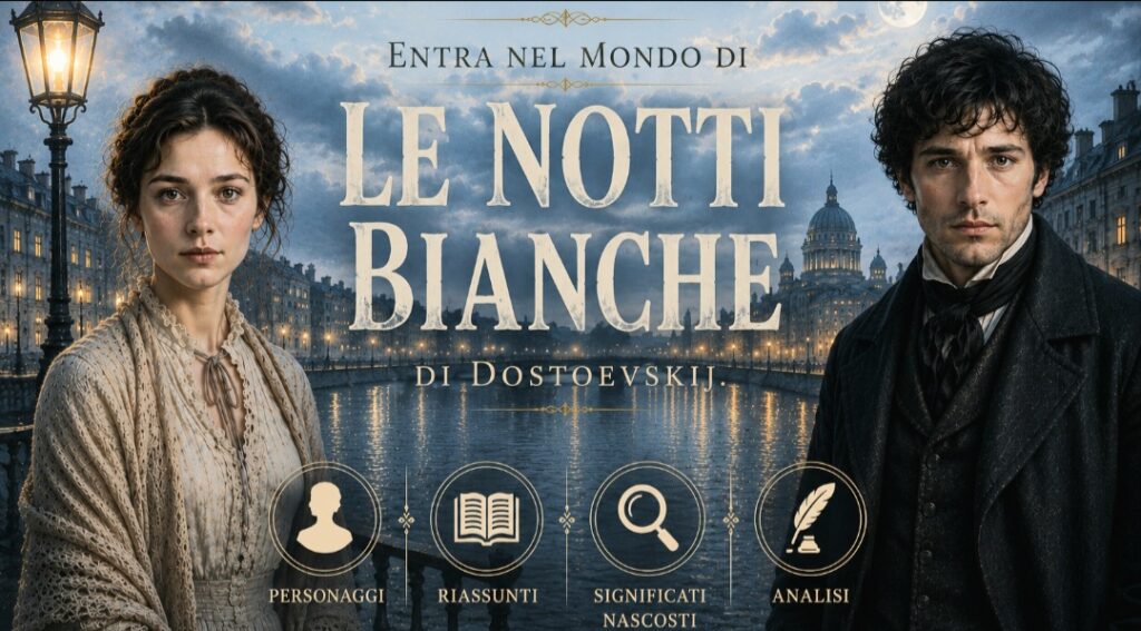 Nasten’ka e il Narratore lungo un canale notturno ispirato a Le Notti Bianche di Dostoevskij.