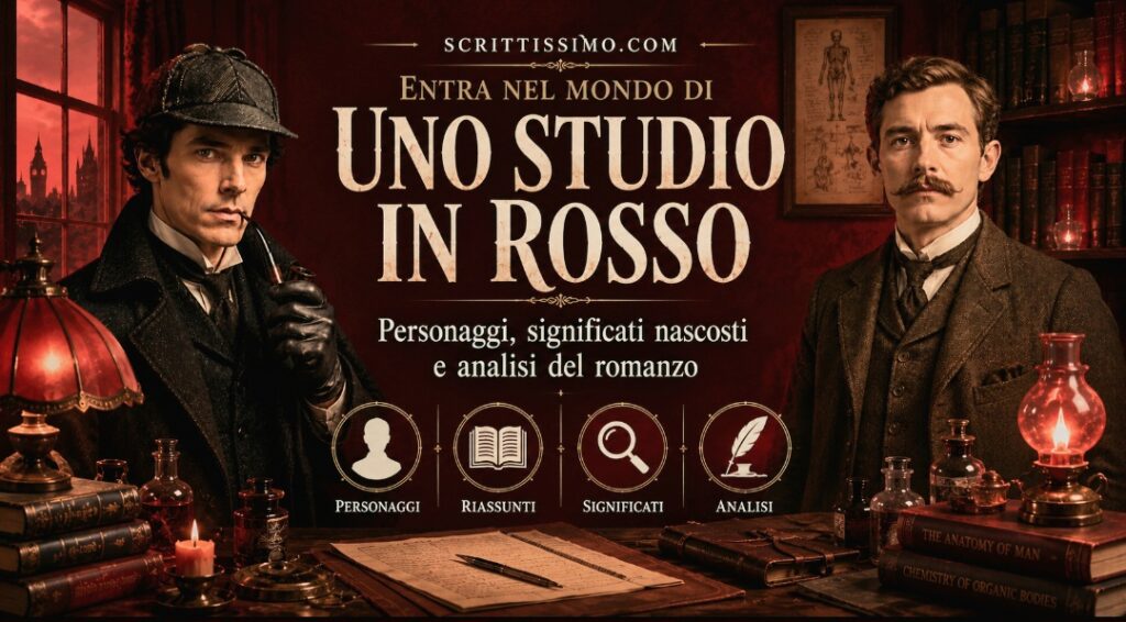 Sherlock Holmes e il dottor Watson in uno studio vittoriano ispirato a Uno studio in rosso di Arthur Conan Doyle.