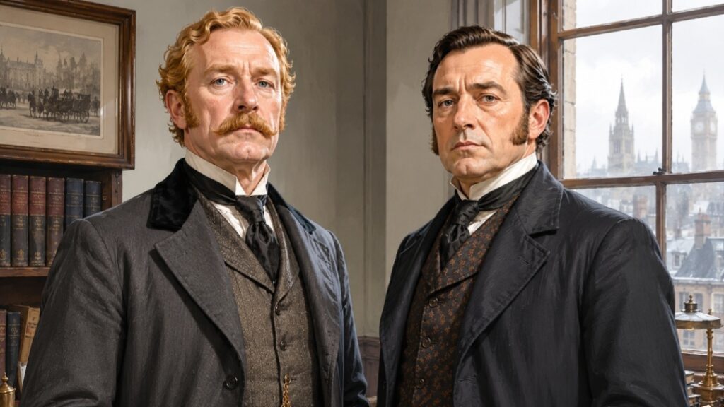 Illustrazione degli ispettori Gregson e Lestrade di Scotland Yard nel romanzo Uno studio in rosso di Sherlock Holmes