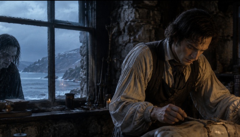 Victor Frankenstein lavora alla seconda Creatura nel laboratorio delle Orcadi mentre la Creatura originale lo spia dalla finestra.