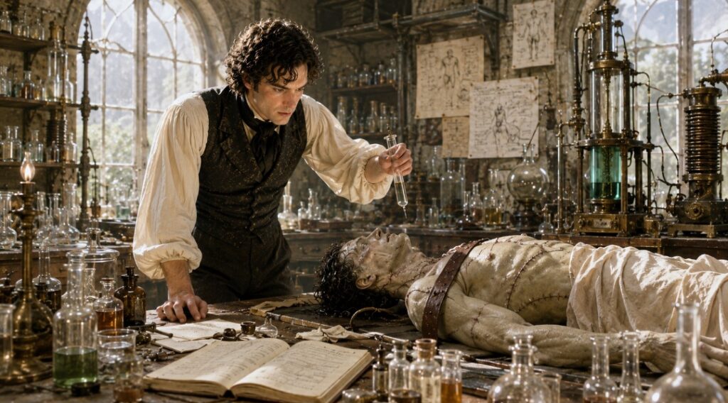 Victor Frankenstein nel laboratorio mentre lavora alla creazione della Creatura nel romanzo di Mary Shelley.