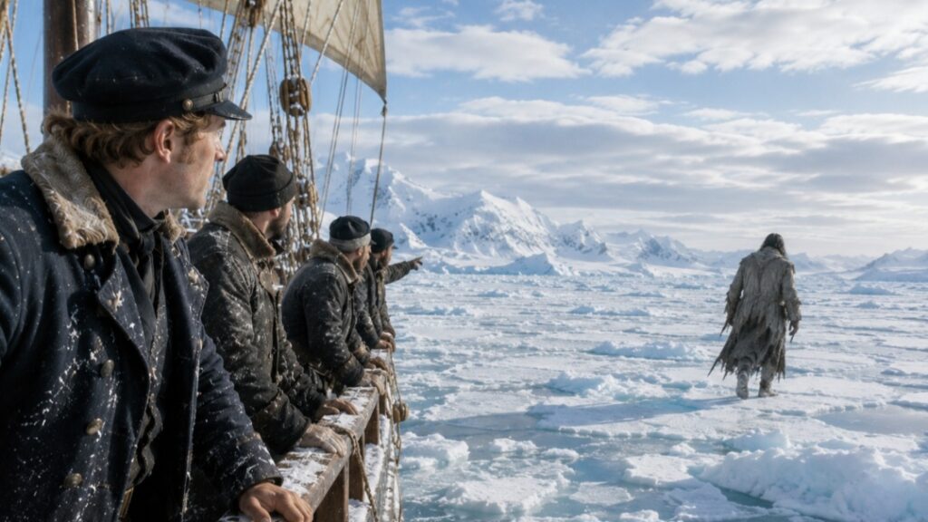 Il capitano Walton osserva da lontano la Creatura camminare tra i ghiacci nel finale di Frankenstein.