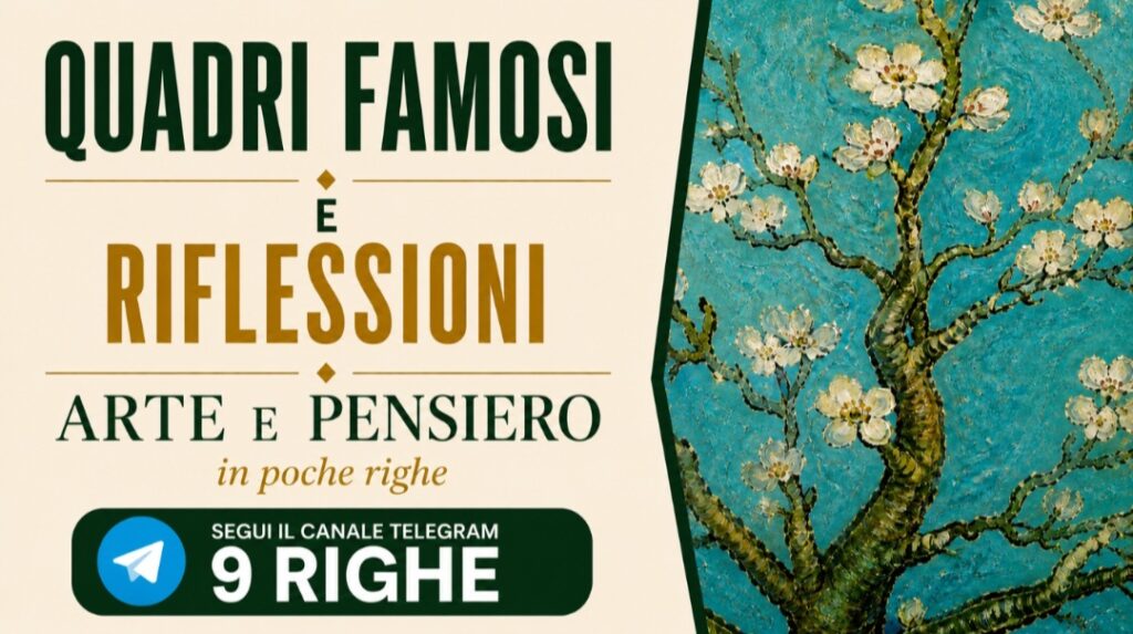 Grafica promozionale del canale Telegram 9 Righe con dettaglio di Ramo di mandorlo in fiore di Ramo di mandorlo in fiore, dedicato a riflessioni brevi abbinate a quadri d’autore e commenti audio.