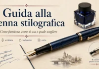 Immagine in evidenza dedicata alla guida alla penna stilografica, con penna, calamaio, quaderno e dettagli su scrittura, inchiostro e carta.