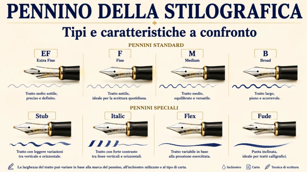 Confronto tra pennini per stilografica EF, F, M, B, Stub, Italic, Flex e Fude con esempi dei diversi tratti.