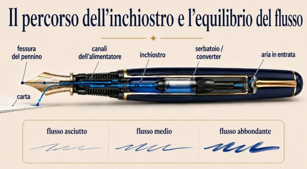 Diagramma del percorso dell’inchiostro nella penna stilografica, dal serbatoio al pennino, con flusso asciutto, medio e abbondante.