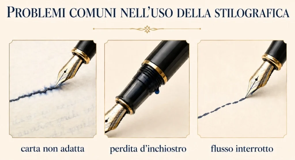 Carta non adatta, perdita d’inchiostro e flusso interrotto durante l’uso della penna stilografica.