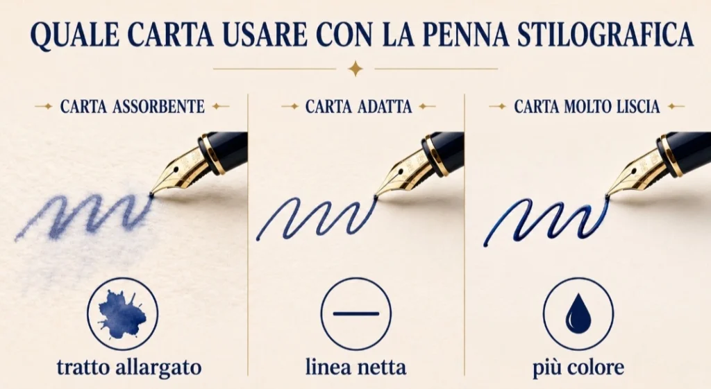 Confronto tra carta assorbente, carta adatta e carta molto liscia con penna stilografica e differenze nel tratto.