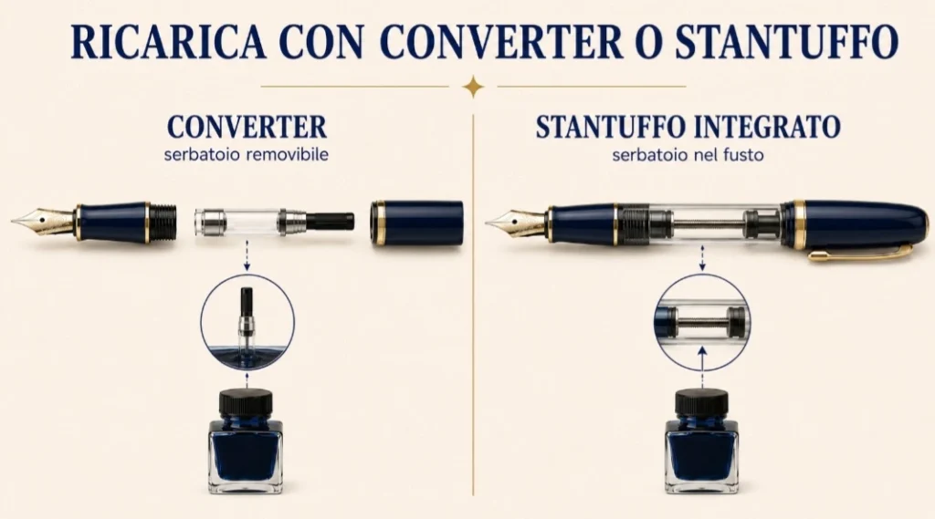 Confronto tra converter removibile e stantuffo integrato per ricaricare una penna stilografica con inchiostro in boccetta.