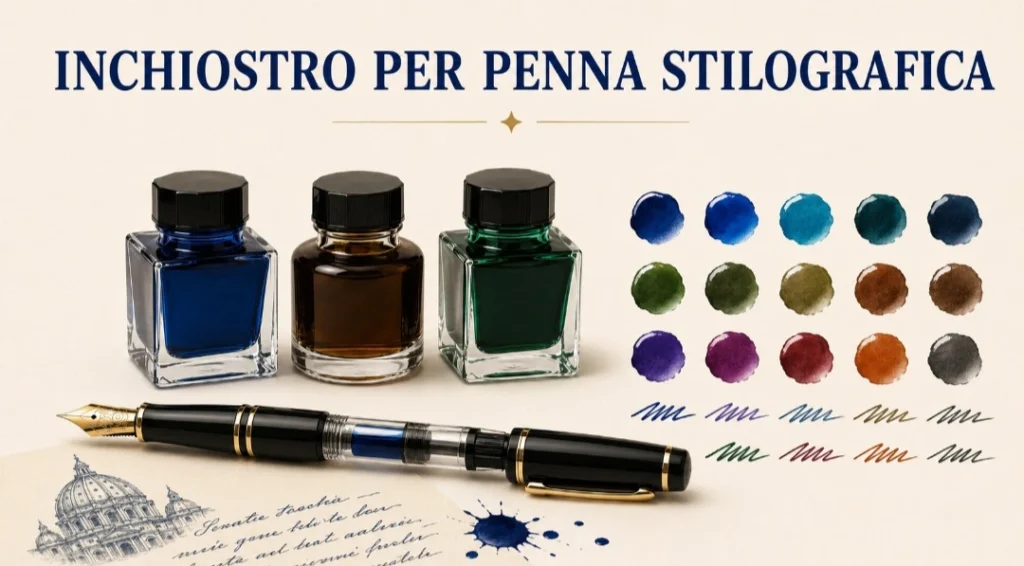 Inchiostro per penna stilografica con boccette colorate e pennino