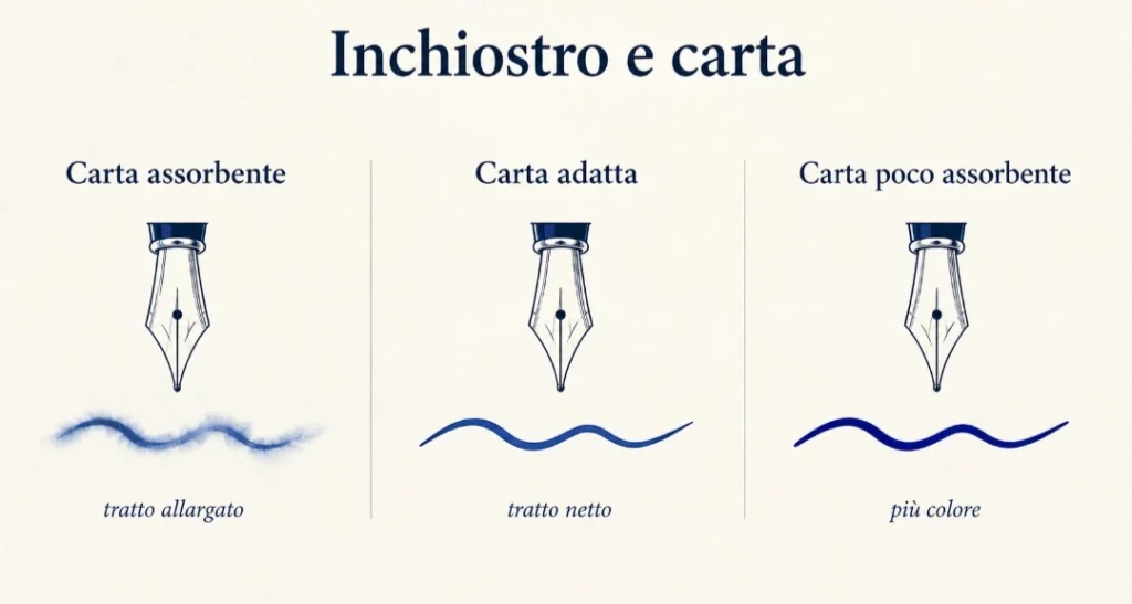 Differenze del tratto dell’inchiostro su carta assorbente, carta per stilografica e carta poco assorbente