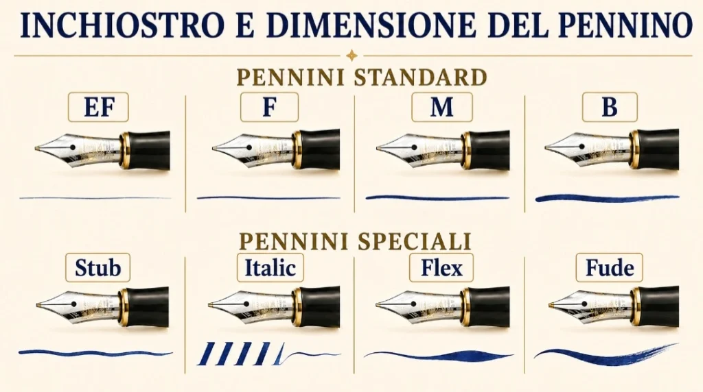 Confronto del tratto prodotto da pennini EF, F, M, B, Stub, Italic, Flex e Fude