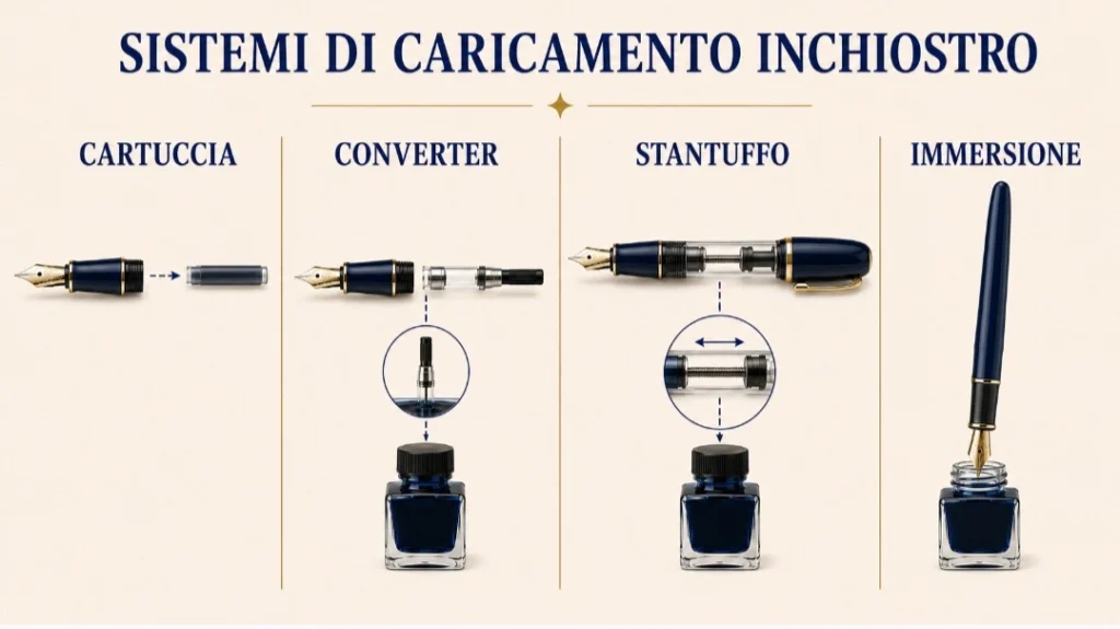 Confronto tra cartuccia, converter, stantuffo e penna a immersione