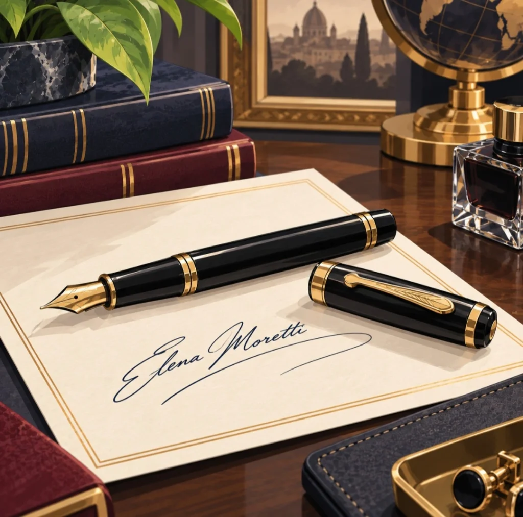 Penna stilografica elegante su una scrivania raffinata con carta bordata e firma decorativa