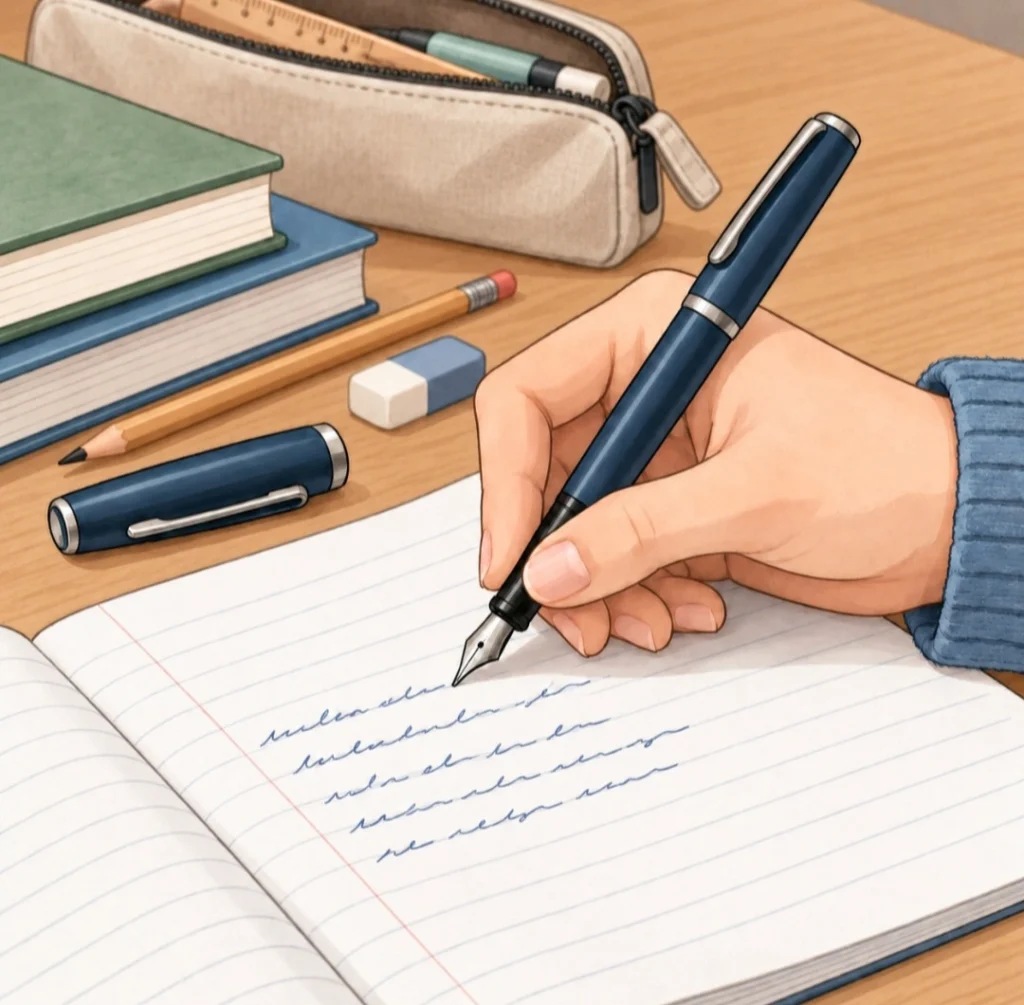 Mano che scrive con una penna stilografica su un quaderno, con libri, matita, gomma e astuccio