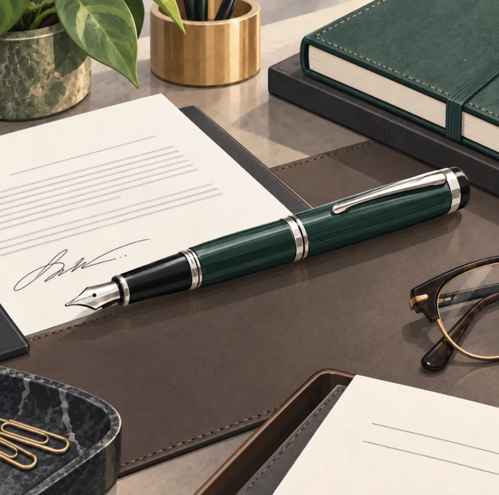 Penna stilografica su una scrivania elegante accanto a un documento firmato e accessori da ufficio