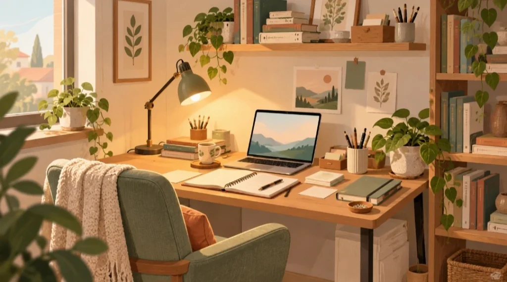 Angolo di scrittura con scrivania, computer, quaderno, lampada, libri e materiali organizzati