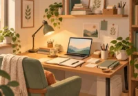 Angolo di scrittura con scrivania, computer, quaderno, lampada, libri e materiali organizzati