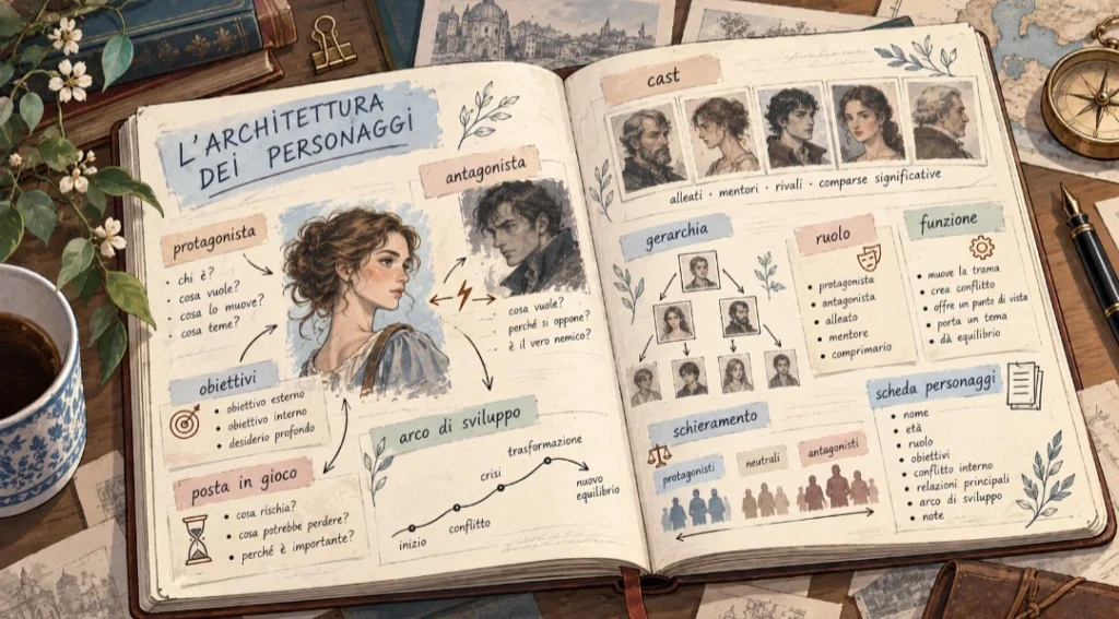 Lavagna illustrata con schede personaggio, protagonista, antagonista, obiettivi, conflitti e collegamenti del cast