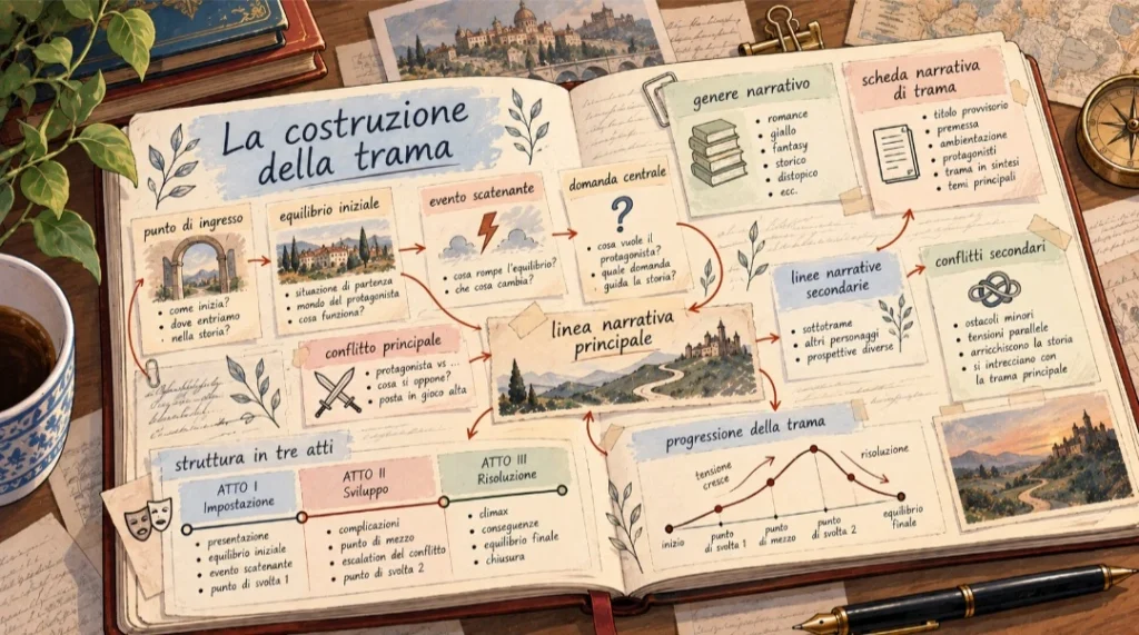 Mappa illustrata della trama con equilibrio iniziale, evento scatenante, conflitti, svolte e finale del romanzo