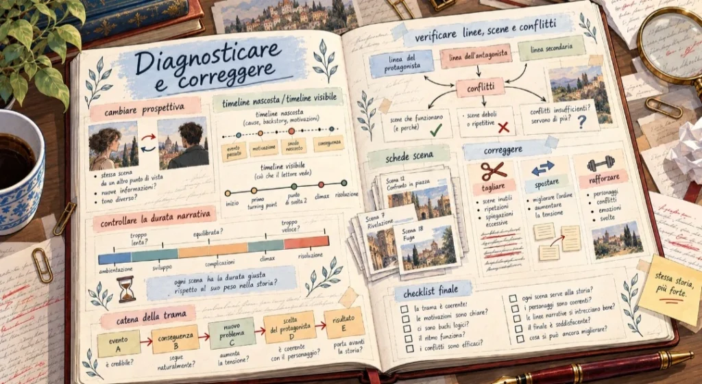 Taccuino illustrato con timeline, schede scena, checklist e correzioni per diagnosticare e correggere un romanzo