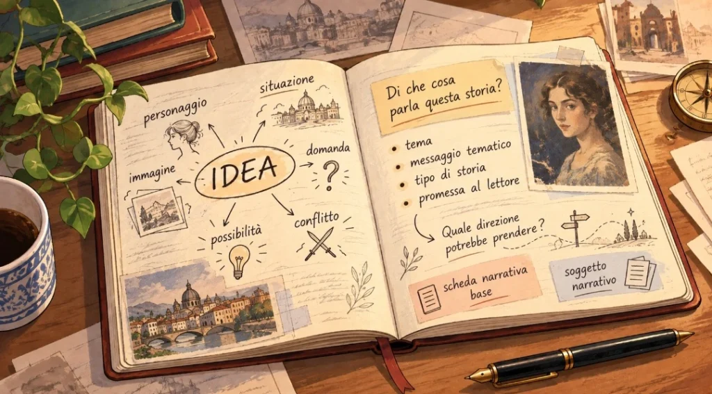 Taccuino illustrato con idea narrativa, tema, promessa al lettore, conflitto e soggetto per progettare un romanzo